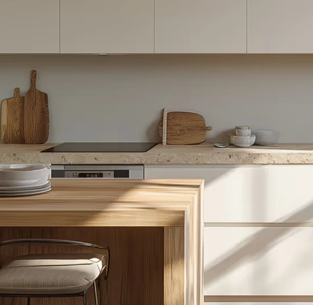 A close-up view of a minimalist, modern kitchen featuring off-white handleless cabinetry and a light beige stone countertop. On the counter, a black induction cooktop is visible alongside decorative wooden cutting boards and small ceramic bowls. In the foreground, a natural light wood kitchen island or dining table catches bright sunlight, paired with a cushioned counter stool.