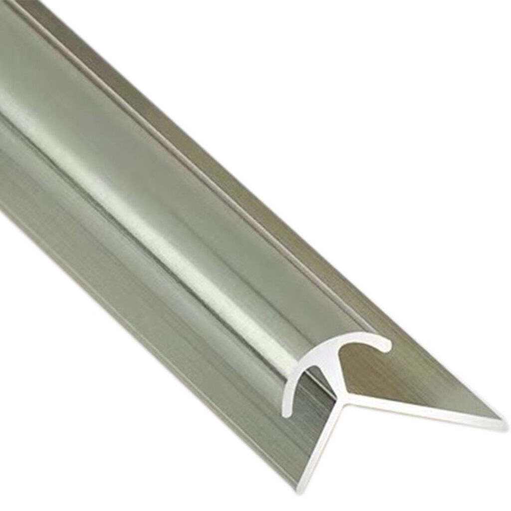 Aluminium UltraVex External Trim in Polished Chrome showing a close up of the metal external corner profile on a white background