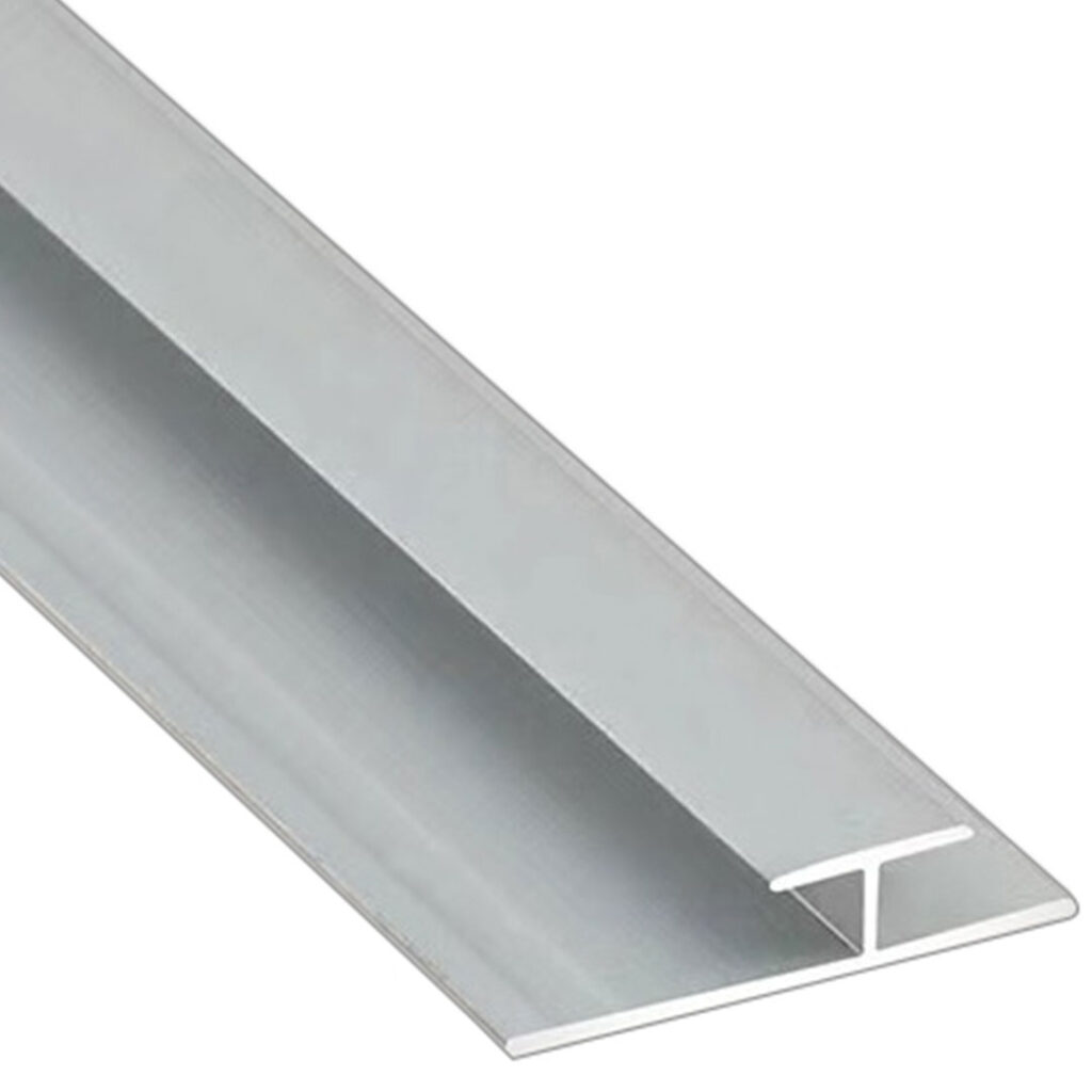 Aluminium UltraVex H Trim in Polished Chrome showing a close up of the metal joining profile on a white background