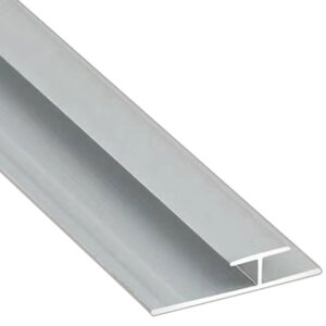 Aluminium UltraVex H Trim in Polished Chrome showing a close up of the metal joining profile on a white background