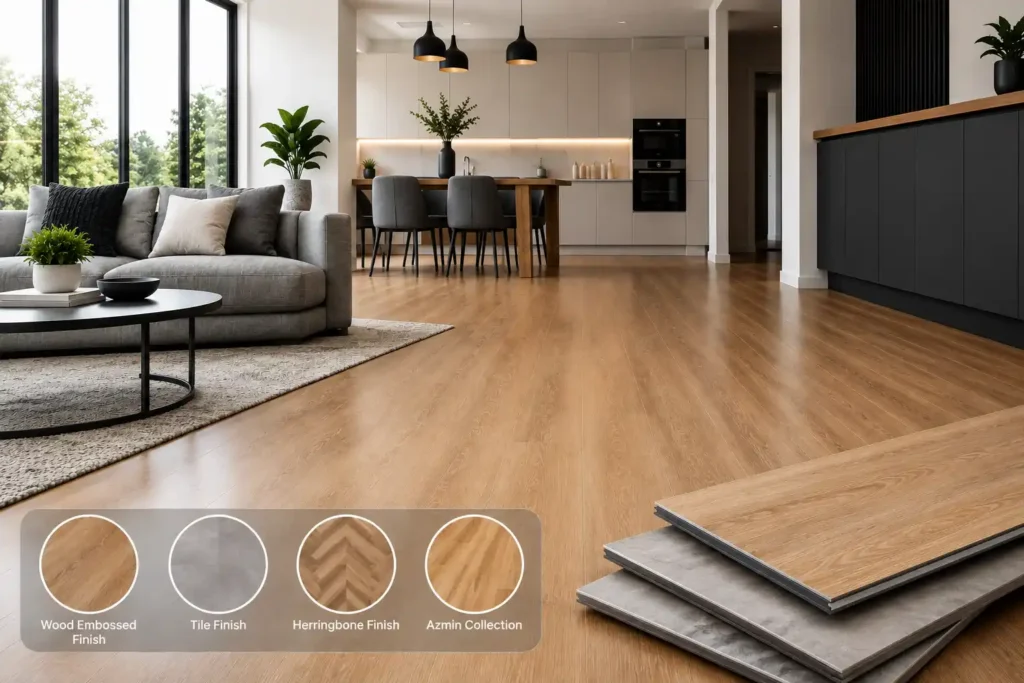 Modern open-plan interior featuring SPC flooring with Wood Embossed, Tile, Herringbone and Azmin Collection finish samples.