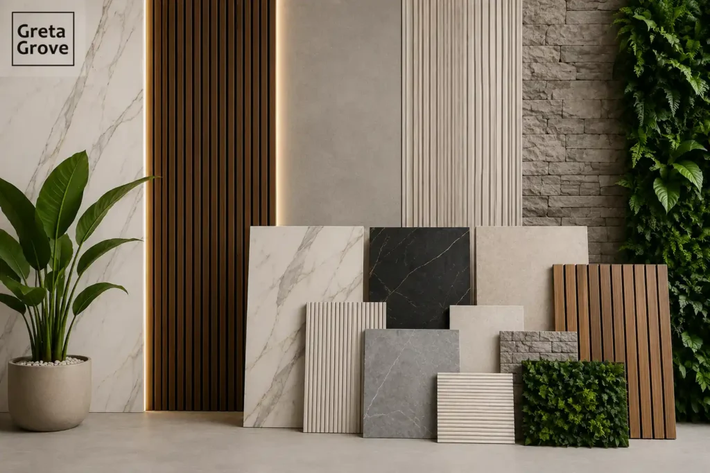 Wall panel supplier UK showcasing GretaGrove decorative wall panels, including Vellura Solid Core Panels, UV Panels, PVC Wall Panels, PU Stone Panels, and Artificial Plant Walls.