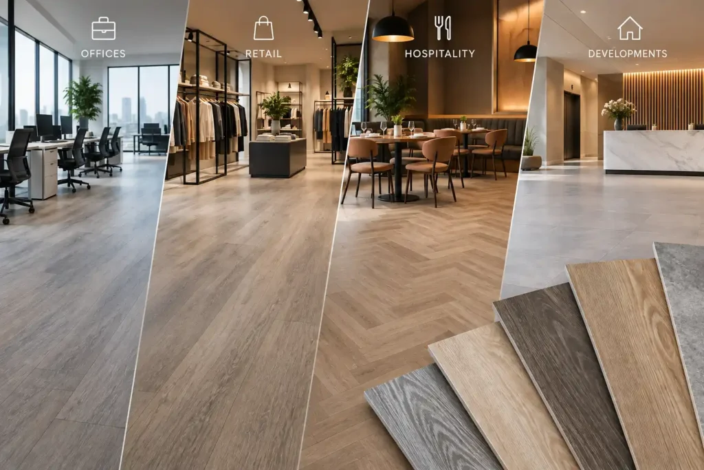 Commercial flooring showcased across modern office, retail, hospitality and development interiors
