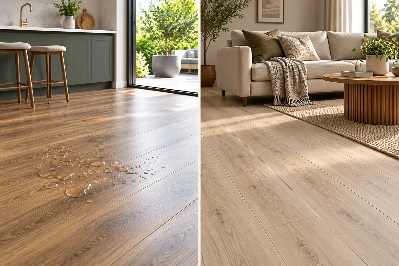 Modern kitchen and living room interiors comparing SPC flooring and laminate flooring